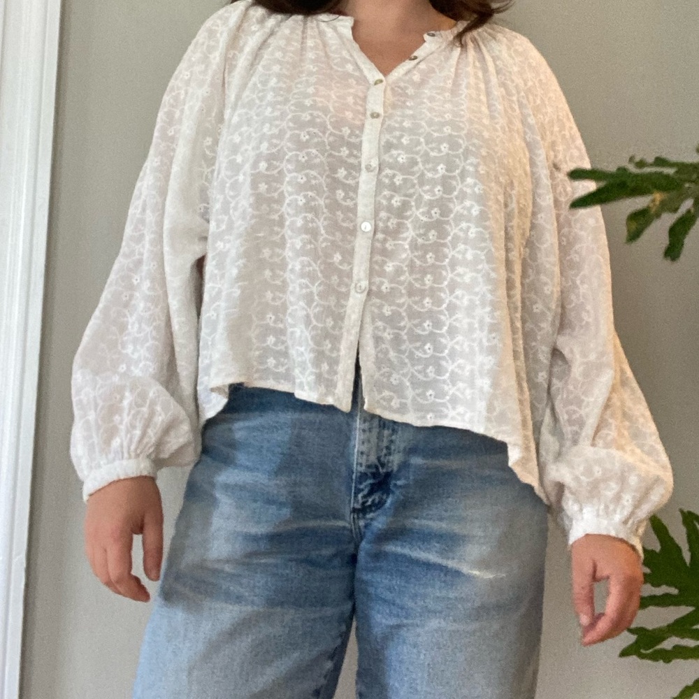 Free People Blouse, textured with bell sleeves, semi sheer.